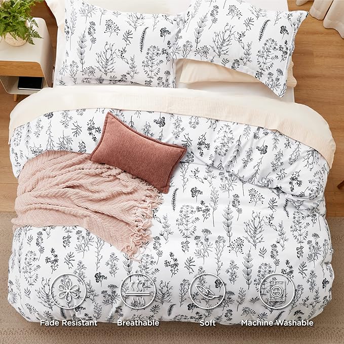 Bedsure Duvet Cover Queen Size - Reversible White Queen Duvet Cover Set with Zipper Closure, 3 Pieces Floral Patterned Bedding Set with 8 Corner Ties and 2 Pillow Shams