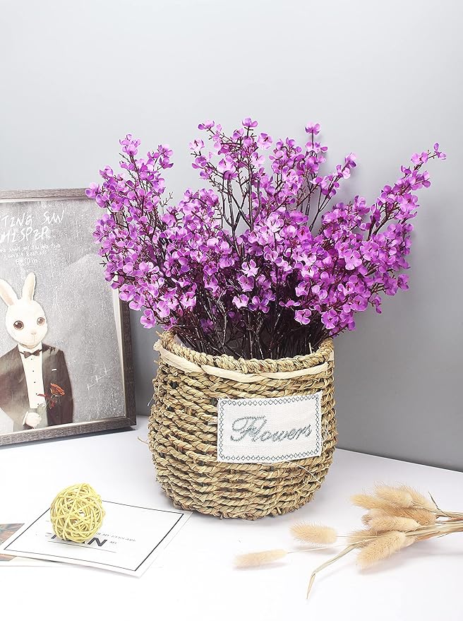 10pcs Babys Breath Artificial Flowers With Vase Gypsophila Bouquet Bulk Fake Spring Silk Flowers Real Touch Faux Floral for Home Bedroom Kitchen Garden Wedding Christmas DIY Decor (Purple)