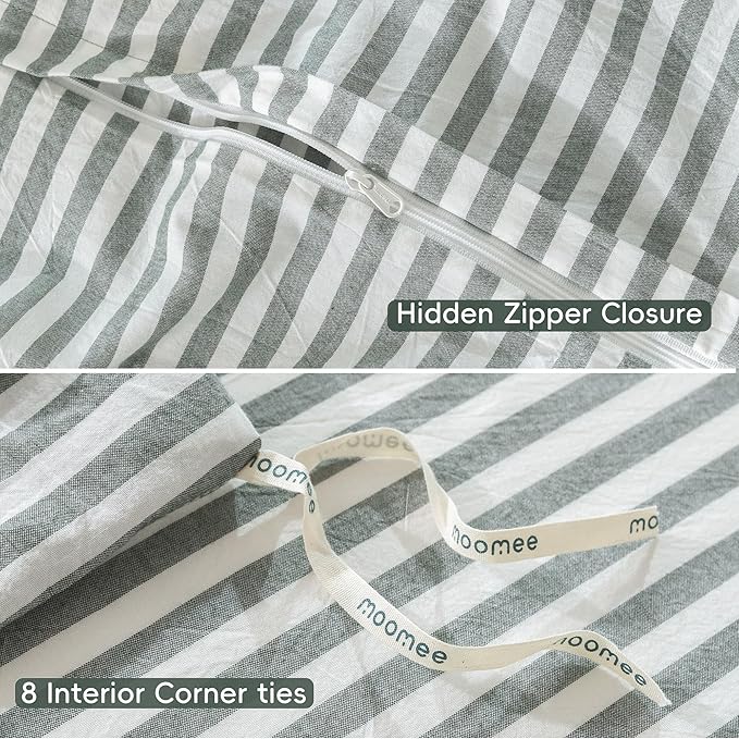 MooMee Striped Duvet Cover Set 100% Washed Cotton Linen Like Textured Breathable Durable Soft Comfy (Heathered Green Classic Stripes, Oversized Queen 98"x98")