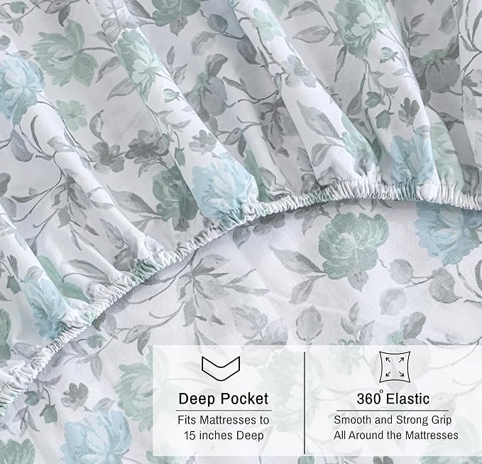 RUVANTI 100% Organic Cotton Sheets Split King, Percale Weave, GOTS Certified, 5-Piece Set, Deep Pocket 15", Crisp & Breathable, Soft Durable Bedding, Sábanas Algodón Orgánico – Cold Chrysanthemum