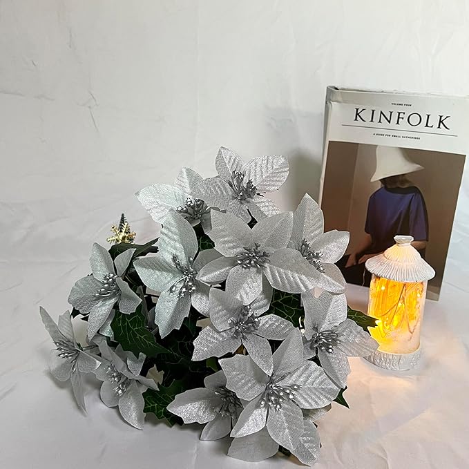 8 Pack 5 Heads Christmas Artificial Poinsettia Flowers Faux Poinsettia Bush Bouquets Silk Poinsettia Christmas Tree Ornaments Poinsettia Flower Arrangement for Home Decor