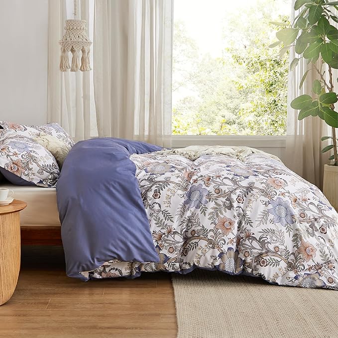 Bedsure Duvet Cover King Size - Reversible Blue Floral Duvet Cover Set with Zipper Closure, 3 Pieces Blossom Patterned Bedding Set with 8 Corner Ties and 2 Pillow Shams 20"x36"