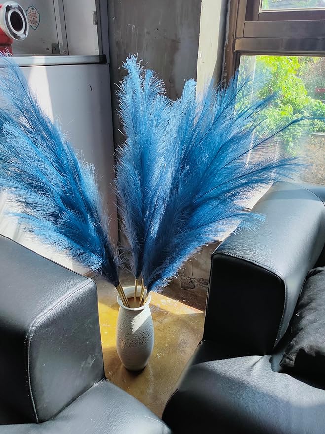 Premium Faux Pampas Grass Decor Tall & Fluffy, No Assembly Needed Long Pampas, Luxury Large Floral, Elegant Feather Flowers for Wedding Decor (Faux Dark Blue, 8pcs 43.3"(110cm))