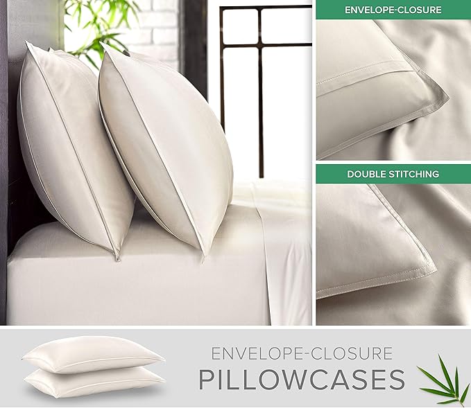 Pure Bamboo Split King Sheets, Genuine 100% Organic Viscose Derived from Bamboo Bed Sheet Set, Soft & Cooling, Double Stitching, 2 Fitted Sheets (Split King, Ivory)