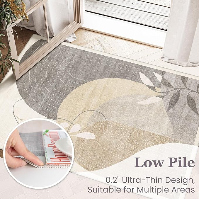 MUJOO Washable 8x10 Area Rugs for Living Room Bedroom Dining Room Large Boho Non Slip Carpet Indoor Mid Century Modern Abstract Botanical Geometric Neutral Beige