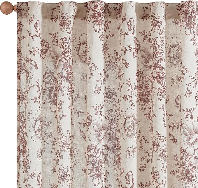 jinchan Linen Blend Curtain Floral Curtains for Living Room 96 Inch Length Christmas Brick Red Printed Curtain Rod Pocket Back Tab Farmhouse Peony Flower Patterned Drapes Curtains Set 2 Panels