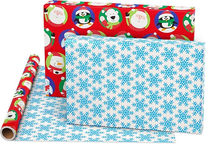 American Greetings Jumbo Kids Christmas Reversible Wrapping Paper Roll, Red and Blue Holiday Gift Wrap (175 sq. ft., 1 Extra Large Roll-30 in. x 70 ft.) Penguins, Polar Bears, Santa, Snowflakes