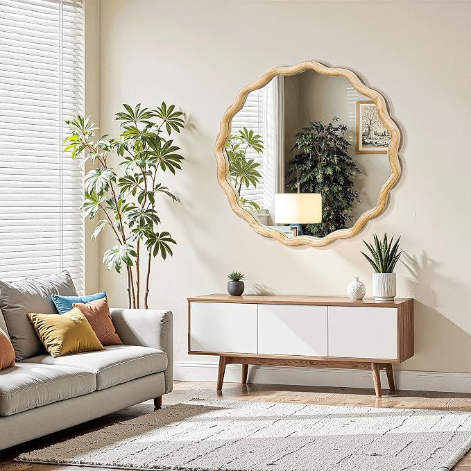 Circle Wood Mirrors for Wall, Wavy Round Bathroom Scalloped Mirror Wooden Frame 28 Inch for Living Room Farmhouse Bedroom Hallway Entryway Living Room with Shatterproof Glass Wall Mounted