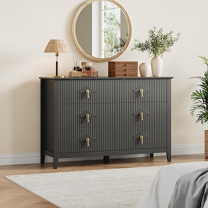 GarveeHome Fluted Dresser for Bedroom, 47.2 Inch Wide 6-Drawer Wood Dresser, Modern Chest of Drawers, Storage Organizer Cabinet for Living Room, Hallway, Entryway, Black