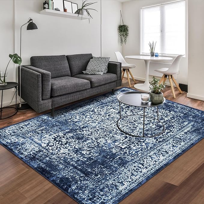 vivorug 6x9 Area Rugs, Stain Resistant Washable Rug for Living Room, Vintage-Inspired (Navy Blue, 6'x9')