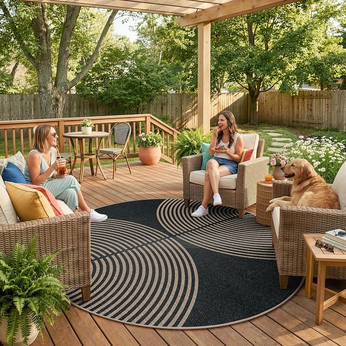 Lahome Enfys Modern Rainbow Round Rug, 6ft Easy Jute Circle Patio Rug Washable Indoor Outdoor Carpet for Living Room, Farmhouse Natural Contemporary Round Mat for Entryway Backyard Porch