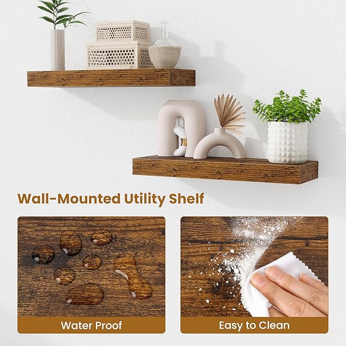Fun Memories Floating Shelves Bathroom for Wall Mounted Shelves, 20 Inch Wood Shelf Set of 2, Home Storage & Display Decor, Rustic Brown