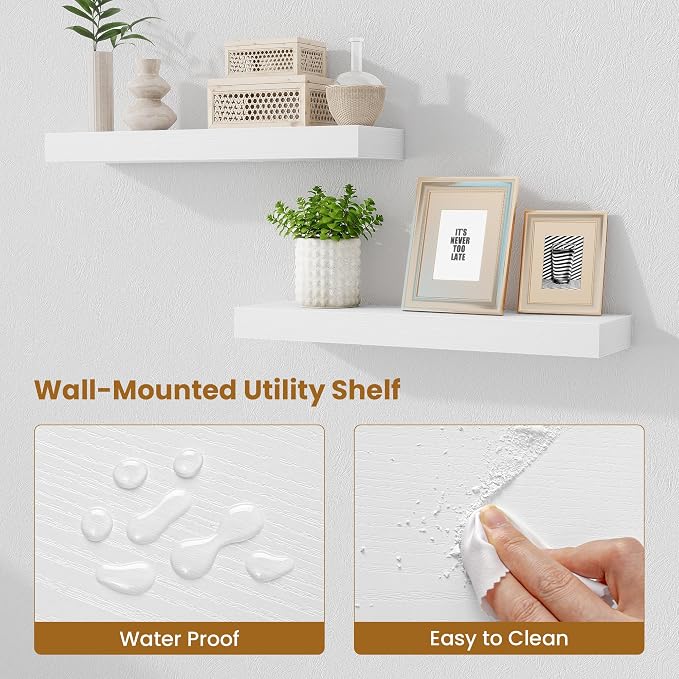Fun Memories Floating Shelves Set of 2, 24 Inch Floating Shelves for Wall, Wood Wall Shelves with Invisible Brackets, for Bathroom, Bedroom, Living Room, Kitchen, White