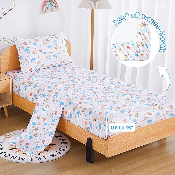 Viviland 3 Pieces Girls Rainbow Twin Sheet Set - Soft Microfiber Fitted Flat Sheets & Pillowcase - Colorful Cloud Bedding Sets - for Kids & Toddlers