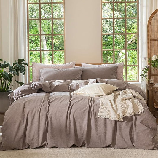 MooMee Bedding Duvet Cover Set 100% Washed Cotton Linen Like Textured Breathable Durable Soft Comfy (Heathered Mauve Brown, Super King Plus 120"x120")