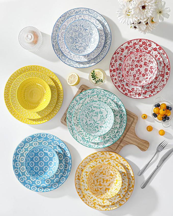 vancasso SELENE Plates and Bowls Set for 6, 18 Pieces Dinnerware Sets, Mircowave and Dishwasher Safe Dishes Set, Porcelain Pastel Dinnerware