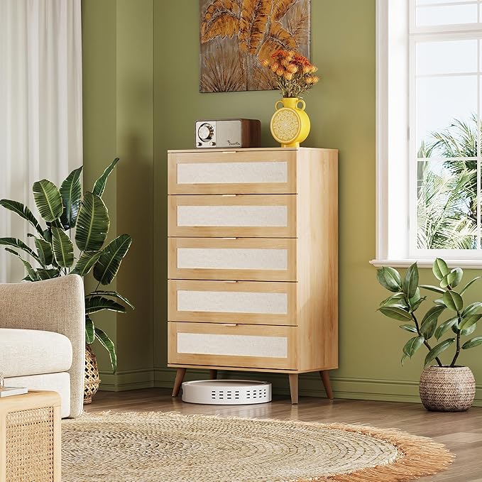 WLIVE Rattan Dresser for Bedroom, 50" Tall 5 Drawer Wooden Chest of Drawers, Boho Dresser Closet Storage Organizer for Living Room, Hallway, Light Oak