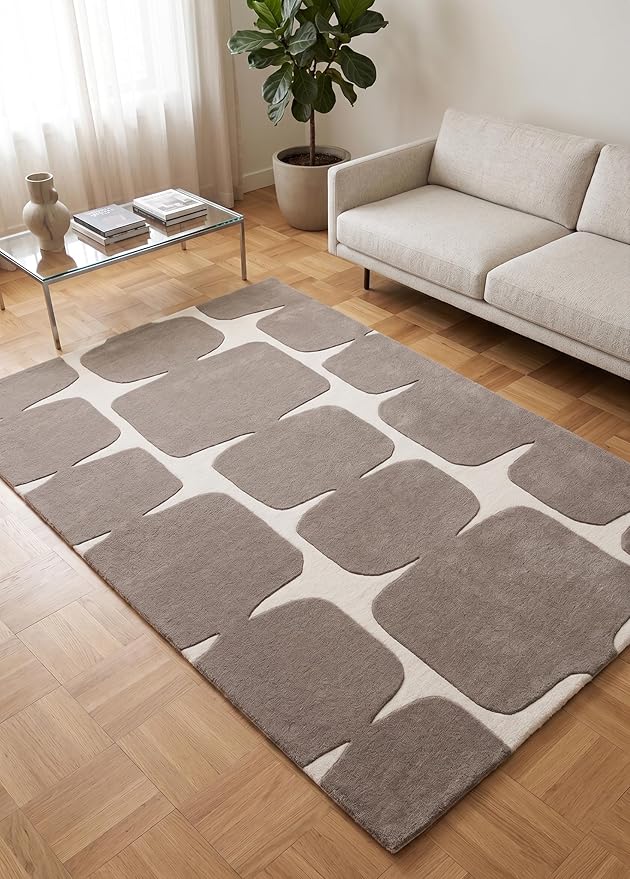 Restoration and Renovation Modern Wool Area Rug - Contemporary Abstract Geometric Design, Thick & Soft Hand-Tufted Carpet - Ideal for Indoor Decor in Living Room, Bedroom (Taupe, 8' x 10')