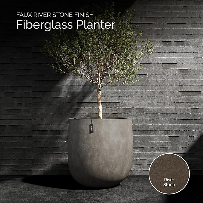 Mondo Large Planter – River Stone Finish – Fiberglass Indoor/Outdoor and Weather-Resistant Round Planter (33" D x 30.7" H Exterior, 31.5" D x 30.7" H Interior)