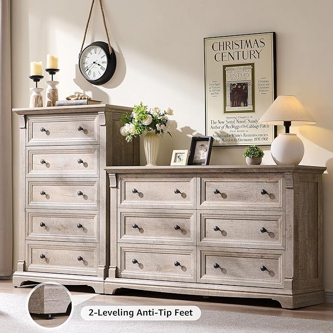 Farmhouse 6 Drawers Dresser for Bedroom, 54" Wide Large Dressers & Chests of Drawers w/Roman Column, Wooden Dresser TV Stand with Large Drawers for Nursery Bedroom Living Room Hallway,Light Rustic Oak