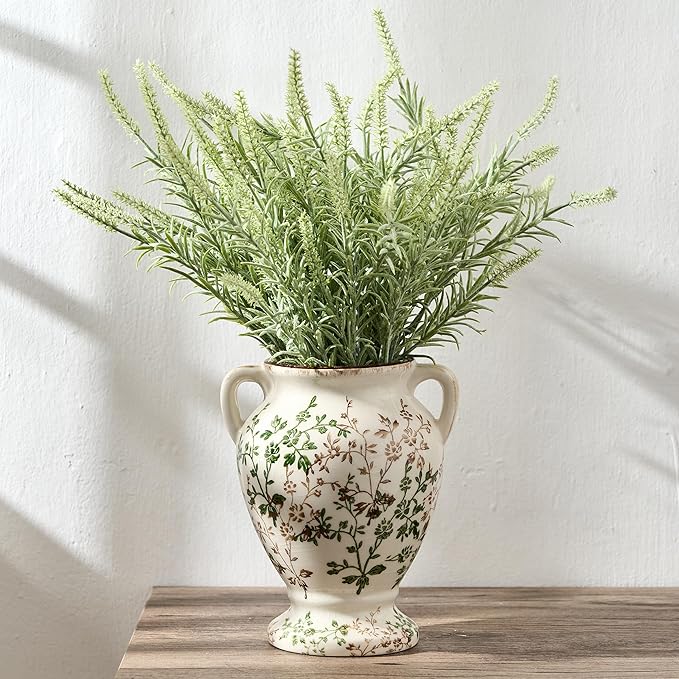 Green and Beige Antique Vase with Handles, Vintage Chinoiserie Floral Vase, Rustic Ceramic Vase for Home Decor, Living Room, Bookshelf, Office, Entryway, Garden, Chinoiserie Decor, Tuscan Decor
