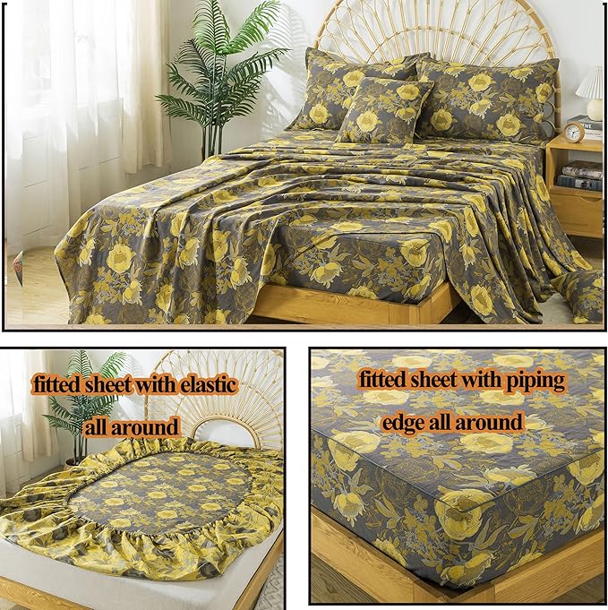 FADFAY Floral Sheets Set King Vintage Grey Yellow Floral Bedding Shabby Peony Farmhouse Bedding Super Soft Washed Double -Layer Muslin Sheets 100% Cotton Deep Pocket Fitted Sheet 4Pcs, King Size