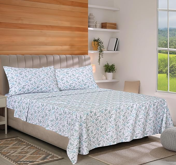 RUVANTI 100% Organic Cotton Sheets Split King, Percale Weave, GOTS Certified, 5-Piece Set, Deep Pocket 15", Crisp & Breathable, Soft Durable Bedding, Sábanas Algodón Orgánico – Cold Chrysanthemum