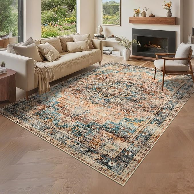 5x7 Area Rug Washable Boho Vintage Medal Print Small Carpet Non Slip Office Rugs Low Pile Soft Bedroom Carpet Non Shedding Nursery Floor Mats for Kitchen Dining Living Room Green Brown