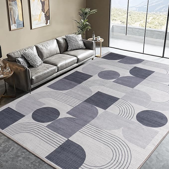 Large Machine Washable 6x9 Area Rug, Soft Modern Geometric Abstract Grey Rugs for Bedroom Living Room, Non-Shedding Faux Wool Indoor Throw Floor Carpet for Office Entryway Dining Room Decor