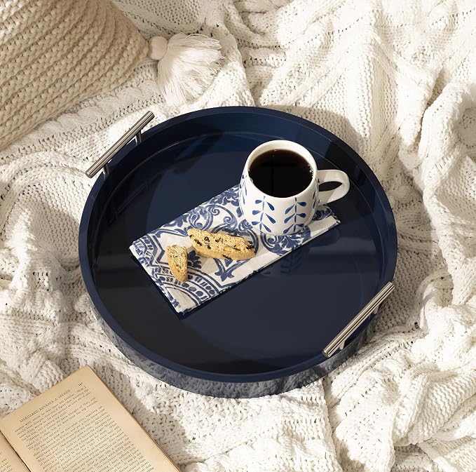 Kate And Laurel Lipton Modern Round Tray; 15.5 Diameter; Navy and Silver; Decorative Accent Tray for Storage and Display