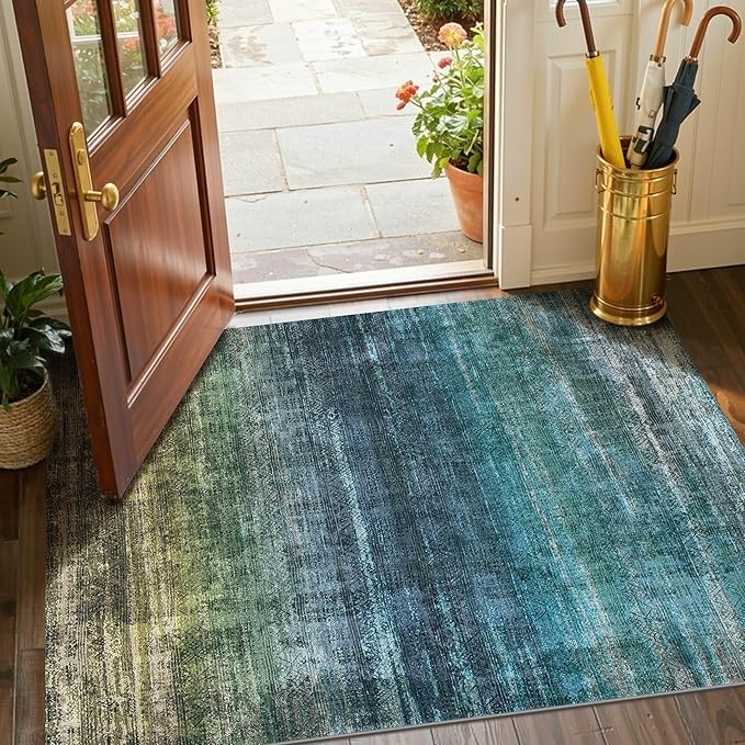 Kokia Abstract Area Rug Washable 2x3 Non-Slip Stain Resistant Entryway Rug Soft Indoor Mat for Kitchen Door Decor, Oslo Teal