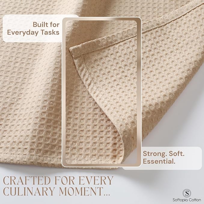 Beige Kitchen Dish Towels Set of 4-100% Cotton Waffle Weave, Super Absorbent, Soft, Quick Drying, 16x26 Inches, Ideal for Cleaning, Bar, Tea, and Everyday Use, Tan