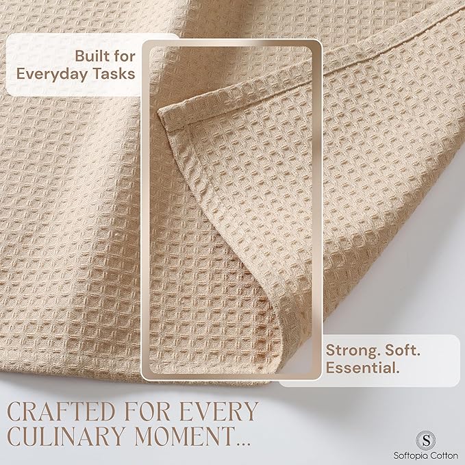 Beige Waffle Kitchen Dish Towels, 100% Cotton, Quick Dry, Super Absorbent, Soft, Lint-Free, 16x26 Inches - Ideal for Dish Drying, Bar, Tea, Cleaning, and Everyday Use, 12 Pack, Tan