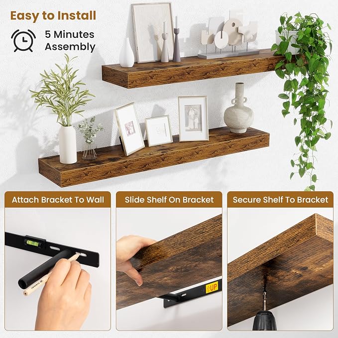 Fun Memories Bathroom Shelves 32 Inch Long Set of 2, Floating Shelves for Wall with Invisible Brackets, for Bedroom, Living Room, Kitchen, Rustic Brown