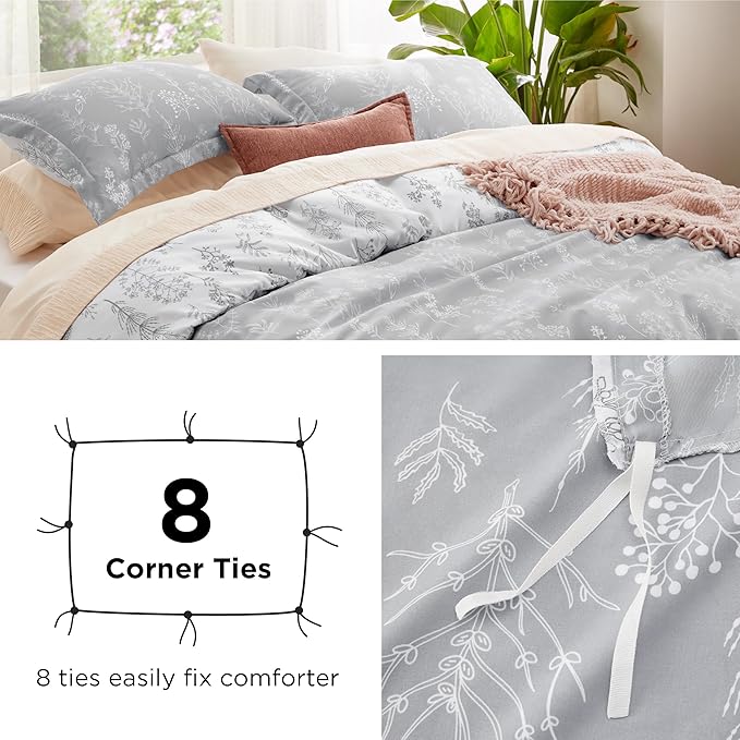Bedsure Duvet Cover Full Size - Reversible Grey Full Duvet Cover Set with Zipper Closure, 3 Pieces Cute Floral Botanical Pattern Bedding Set with 8 Corner Ties and 2 Pillow Shams