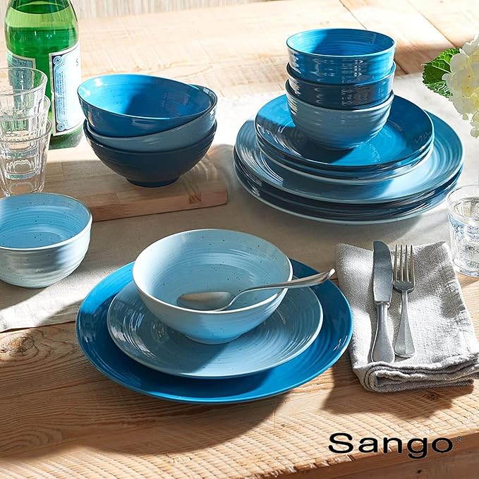 Sango Siterra Artist's Blend 16-Piece Stoneware Dinnerware Set – Service for 4, Ocean Blue Glossy Glaze with Unique Speckled Design, for Everyday Dining & Entertainment, Microwave & Dishwasher Safe