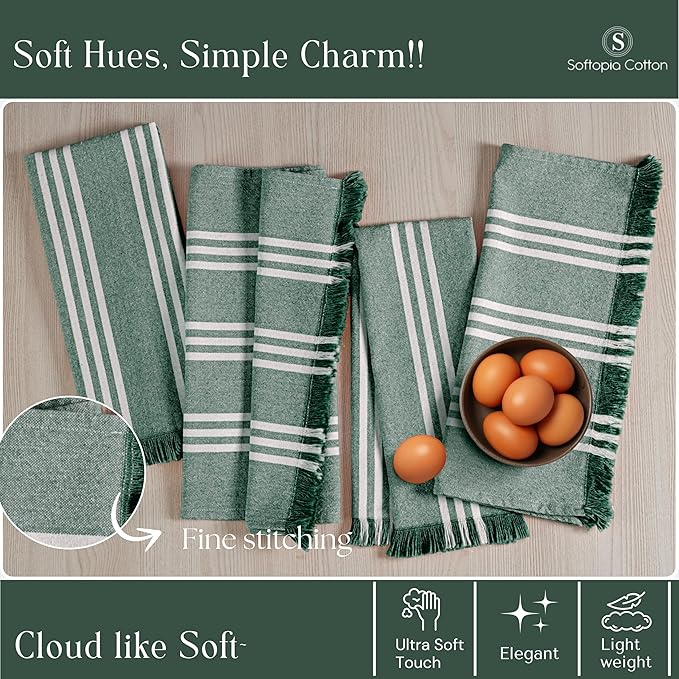 Stripe Kitchen Towels 12 Pack, 16x26 Inches, Cotton Dish Cloths, Absorbent Drying Rags, Reusable and Washable Tea Towels, Cleaning Cloths for Daily Kitchen Use - Forest Green