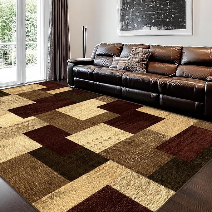 Modern Geometric Patchwork Indoor Area Rug for Living Room, Red 9x12 Large Rug Rockwood Collection Hardwood Floors Decor for Bedroom, Burgundy Throw Carpet for Office Entryway Dining Room