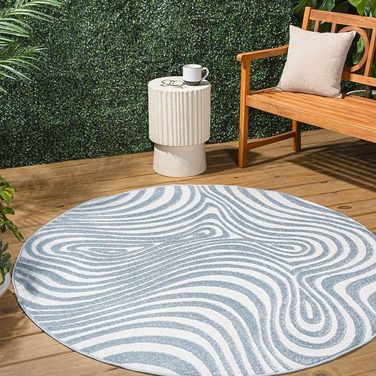 JONATHAN Y Maribo High-Low Abstract Striped Light Blue/Ivory 6' Round Indoor/Outdoor Area Rug, Pet Friendly, Non-Shedding, Stain Resistant, Easy-Cleaning for Backyard, Patio, Porch (SCN103C-6R)
