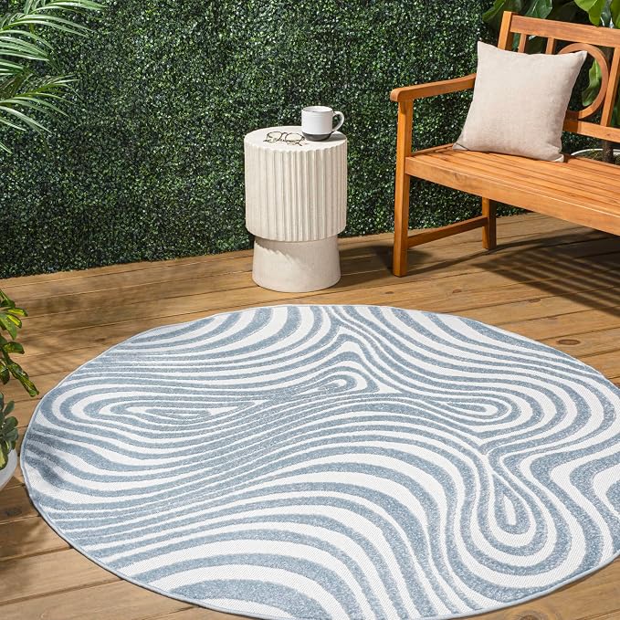 JONATHAN Y Maribo High-Low Abstract Striped Light Blue/Ivory 7' Round Indoor/Outdoor Area Rug, Pet Friendly, Non-Shedding, Stain Resistant, Easy-Cleaning for Backyard, Patio, Porch (SCN103C-7R)