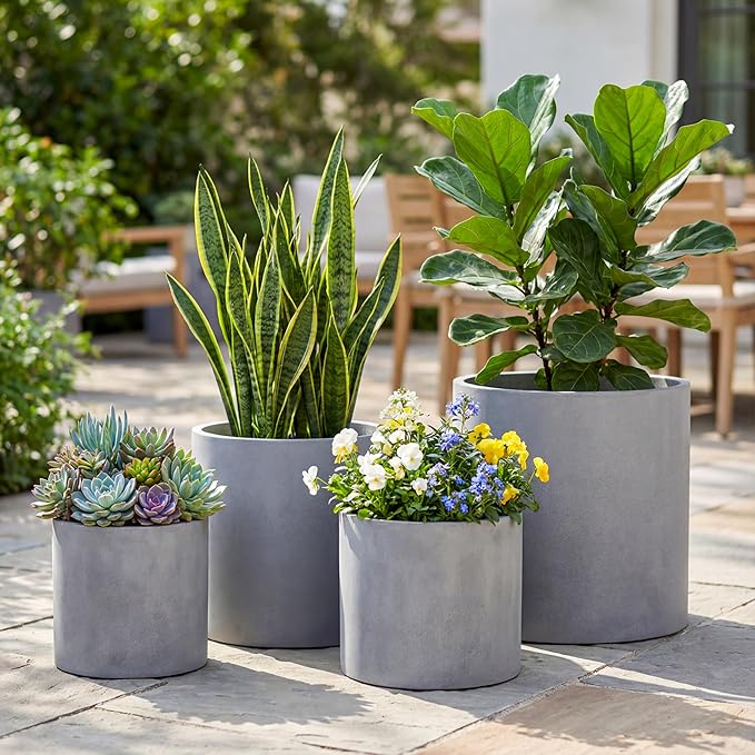 FaithLand 8 Inch Fiberstone Planter - Lightweight Modern Cylinder Plant Pot with Drainage Hole & Plug, Authentic Concrete Look, Gray