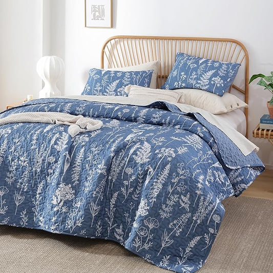 JANZAA Quilts Queen Size Infinity Blue Floral Queen Quilt Bedding Set Microfiber Boho Bedspread Lightweight Reversible Coverlet with 2 Pillowcases