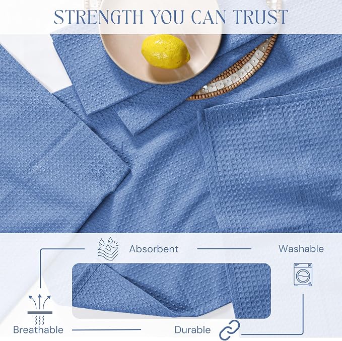 Sky Blue Kitchen Dish Towels Set of 12-100% Cotton Waffle Weave, Super Absorbent, Soft, Quick Drying, 16x26 Inches, Ideal for Cleaning, Bar, Tea, and Everyday Use, Light Blue