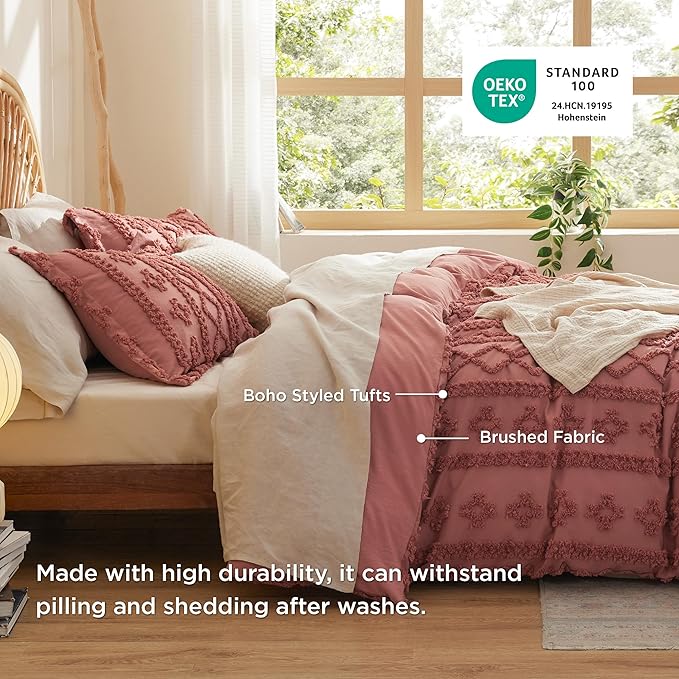 Bedsure Boho Duvet Cover King Size, Soft & Comfortable Elegant Design Boho Bedding for Decoration, Machine Washable Comforter Cover for All Seasons,Includes 1 Duvet Cover & 2 Pillow Shams,Pink