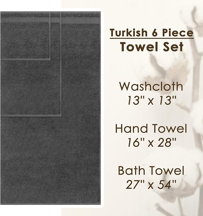 Cotton Paradise Towel Set of 6, 2 Bath Towels, 2 Hand Towels and 2 Washcloths Towels for Bathroom Sets, Smoke Gray