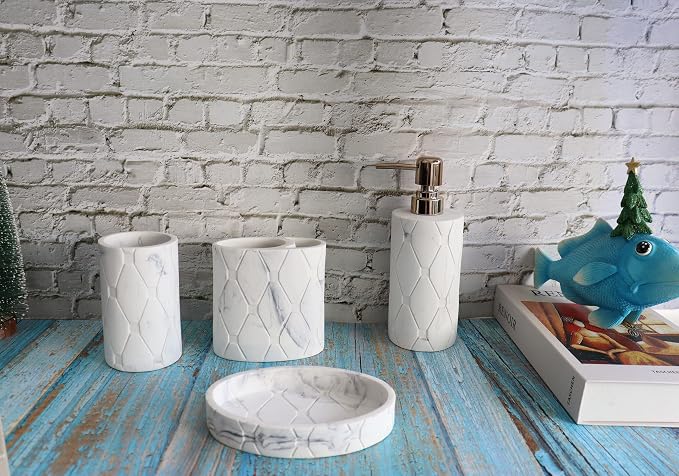 Hymmah Bathroom Accessories Set,Marble Design Toothbrush Holder,Farmhouse Bathroom Decor,4 Pcs Resin Gift Set Apartment Necessities, Contain Toothbrush Cup,Soap Dispenser,Soap Dish,Tumbler