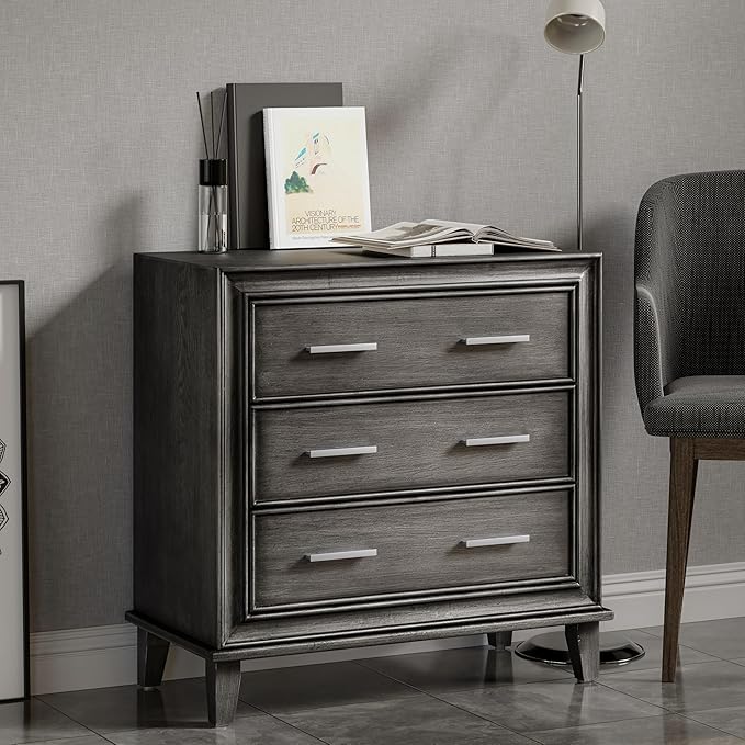 COZAYH Modern 3 Drawer Nightstand, Wood Dresser with Metal Handles, Vintage Accent Bedside Table Storage Chest, Mid-Century Cabinet, Sturdy Bedroom Organizer, Dark Finish, Fully Assembled, Black