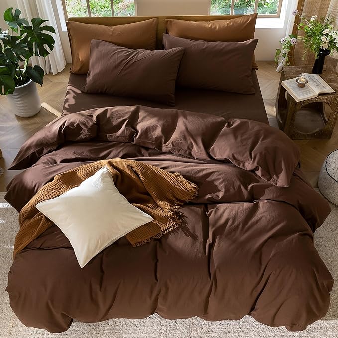 MooMee Bedding Duvet Cover Set 100% Washed Cotton Linen Like Textured Breathable Durable Soft Comfy (Solid Cocoa Brown, Super Queen 90"x98")