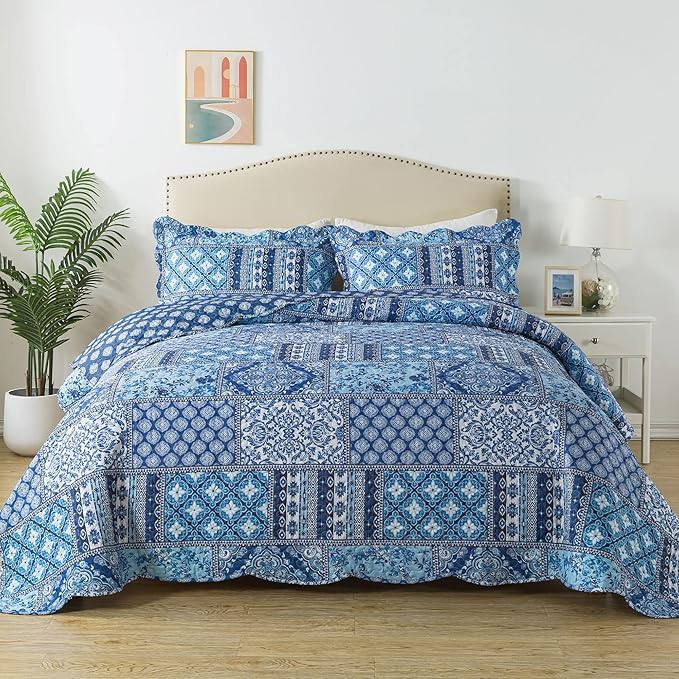 HoneiLife Rustic Quilt Sets Queen - 3 Pieces Microfiber Quilt Sets Lightweight Bedspreads Floral Coverlets Retro Bed Cover All Season Quilts-Blue