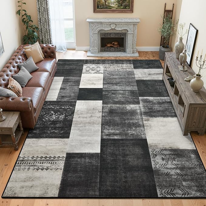 Tepook 4x6 Area Rugs for Living Room, Modern Large Geometric Rug for Bedroom, Washable Patchwork Rug Indoor Non Slip Throw Carpets for Dining Room Office Farmhouse Home Decor, Black and White